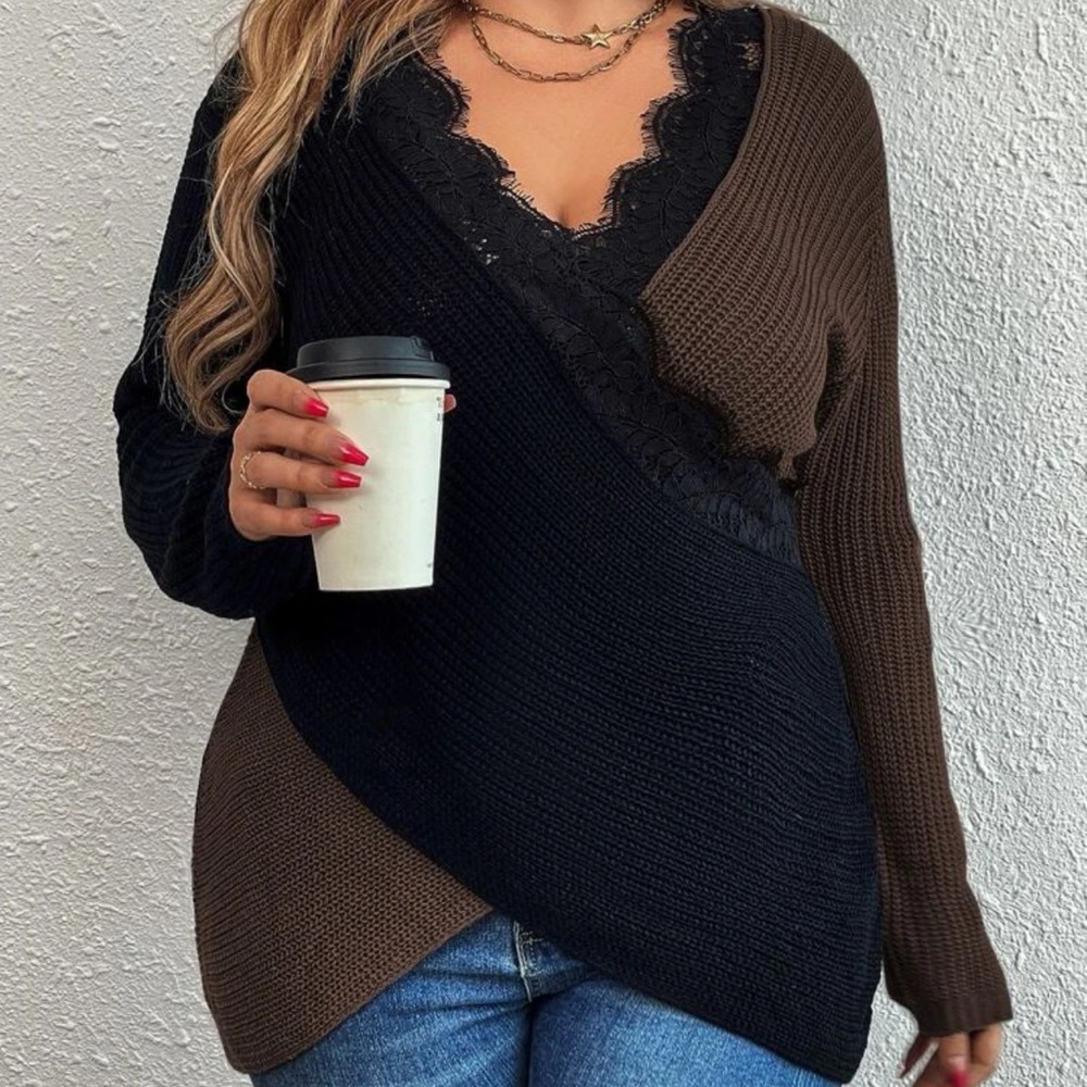 Beautiful woman sweater 2 tone eyelash lace panel